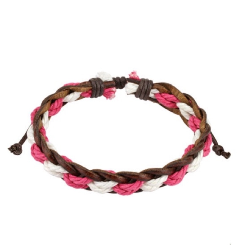 Brown Leather Bracelet with Pink and White Braided